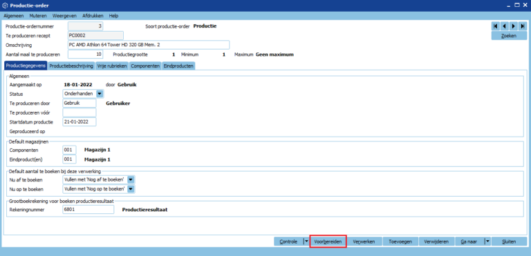 Productieorder produceren in delen