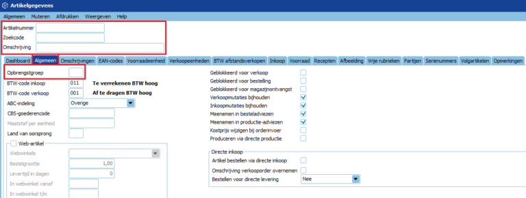 Opbrengstgroep bij artikelen