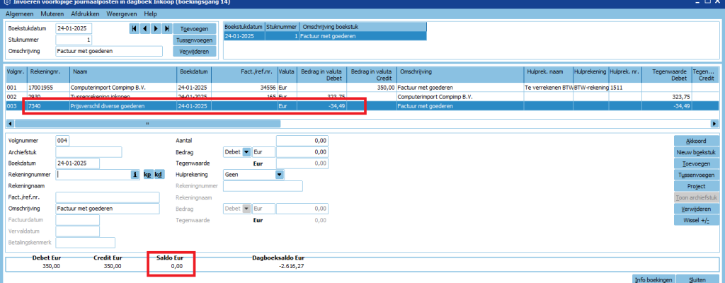 Invoeren voorlopige journaalposten tussenrek inkoop met prijsverschil